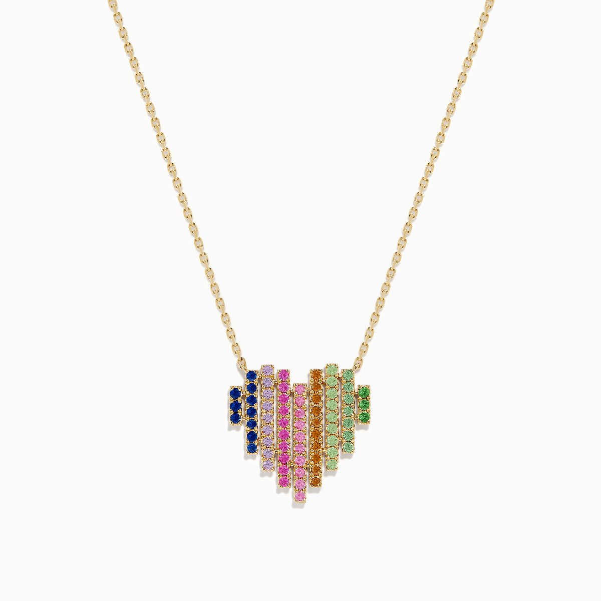 The Watercolors 14K Yellow Gold Multi Sapphire Heart Necklace features a yellow gold heart-shaped pendant adorned with vertical rows of blue, pink, yellow, orange, and green multi sapphires.