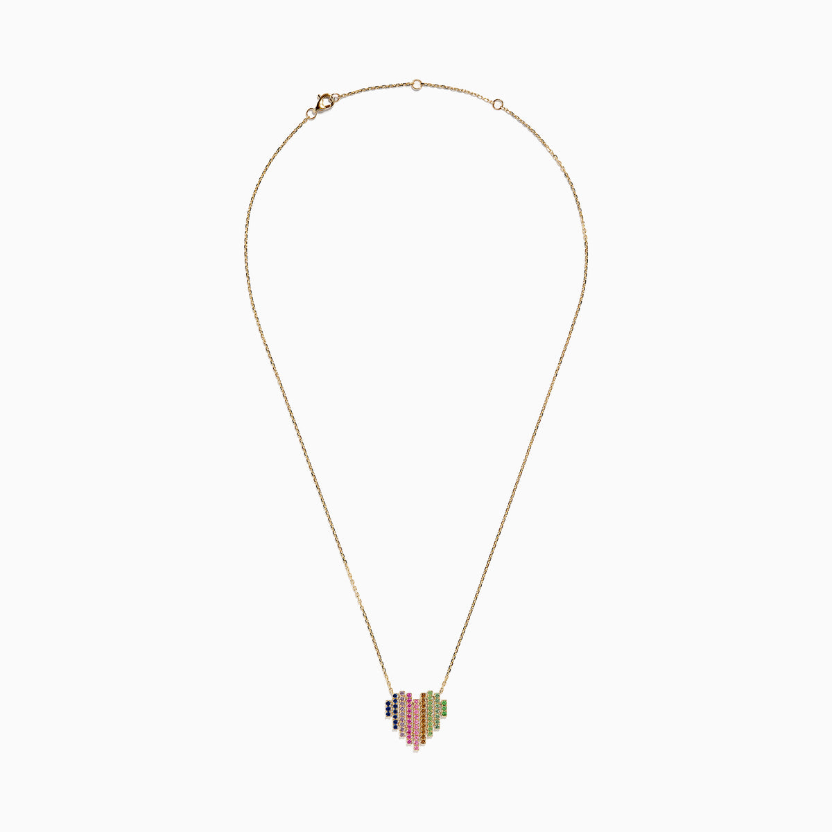 The Watercolors 14K Yellow Gold Multi Sapphire Heart Necklace features a yellow gold heart-shaped pendant adorned with vertical rows of blue, pink, yellow, orange, and green multi sapphires.