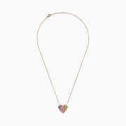 The Watercolors 14K Yellow Gold Multi Sapphire Heart Necklace features a yellow gold heart-shaped pendant adorned with vertical rows of blue, pink, yellow, orange, and green multi sapphires.