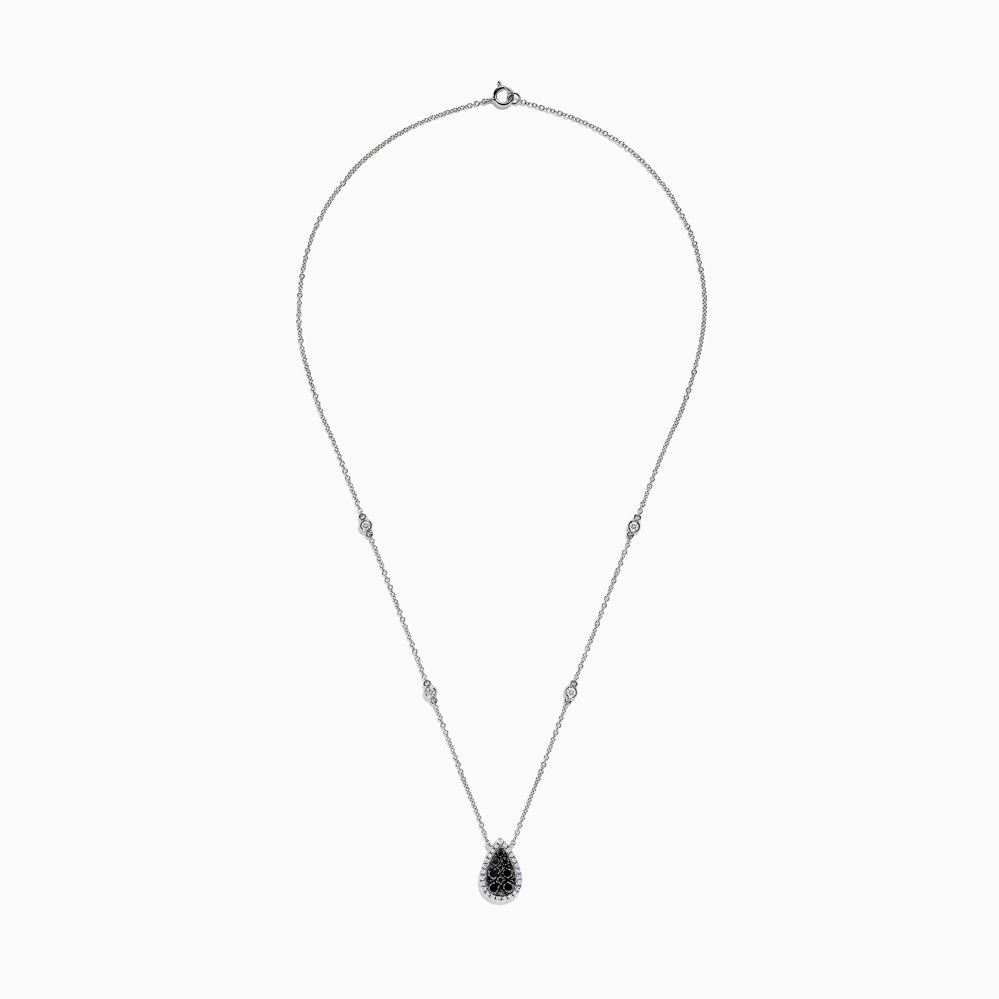 The 14K White Gold Black and White Diamond Pear Shaped Necklace, 1.09 TCW, features a teardrop pendant with black and white diamonds at the center, haloed by clear stones, plus two small clear stones set along the chain.