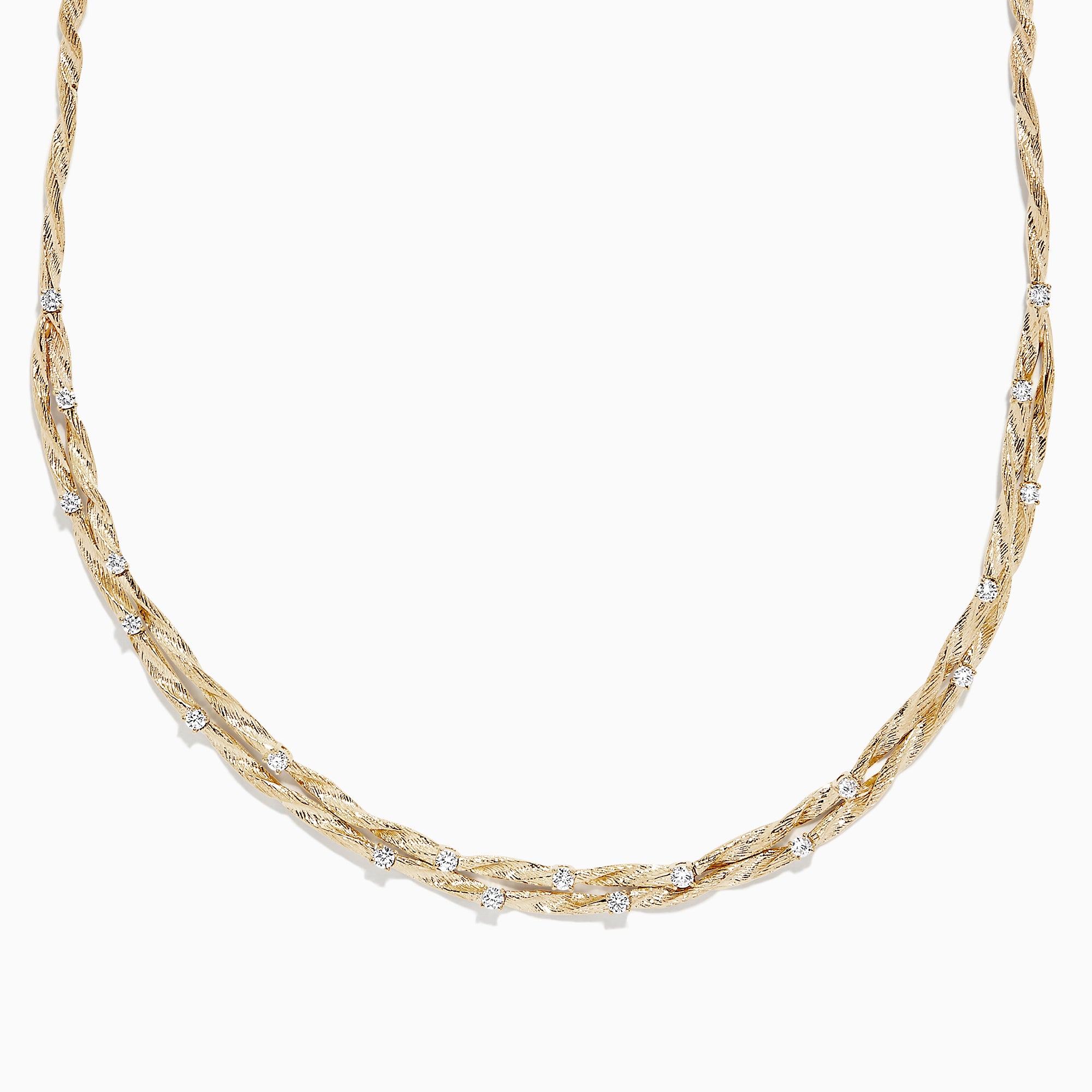 The DOro 14K Yellow Gold Diamond Necklace, 1.21 TCW, features a twisted gold chain with small, evenly spaced diamonds—an elegant piece by Effy, shown on a white background and perfect for any occasion.