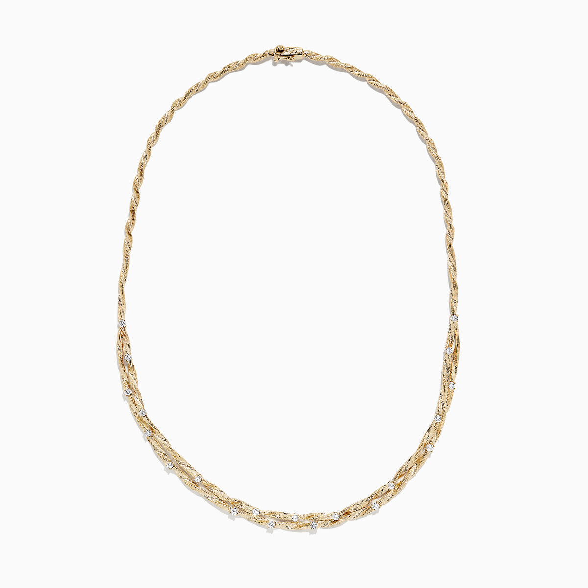 The DOro 14K Yellow Gold Diamond Necklace, 1.21 TCW, features a twisted gold chain with small, evenly spaced diamonds—an elegant piece by Effy, shown on a white background and perfect for any occasion.