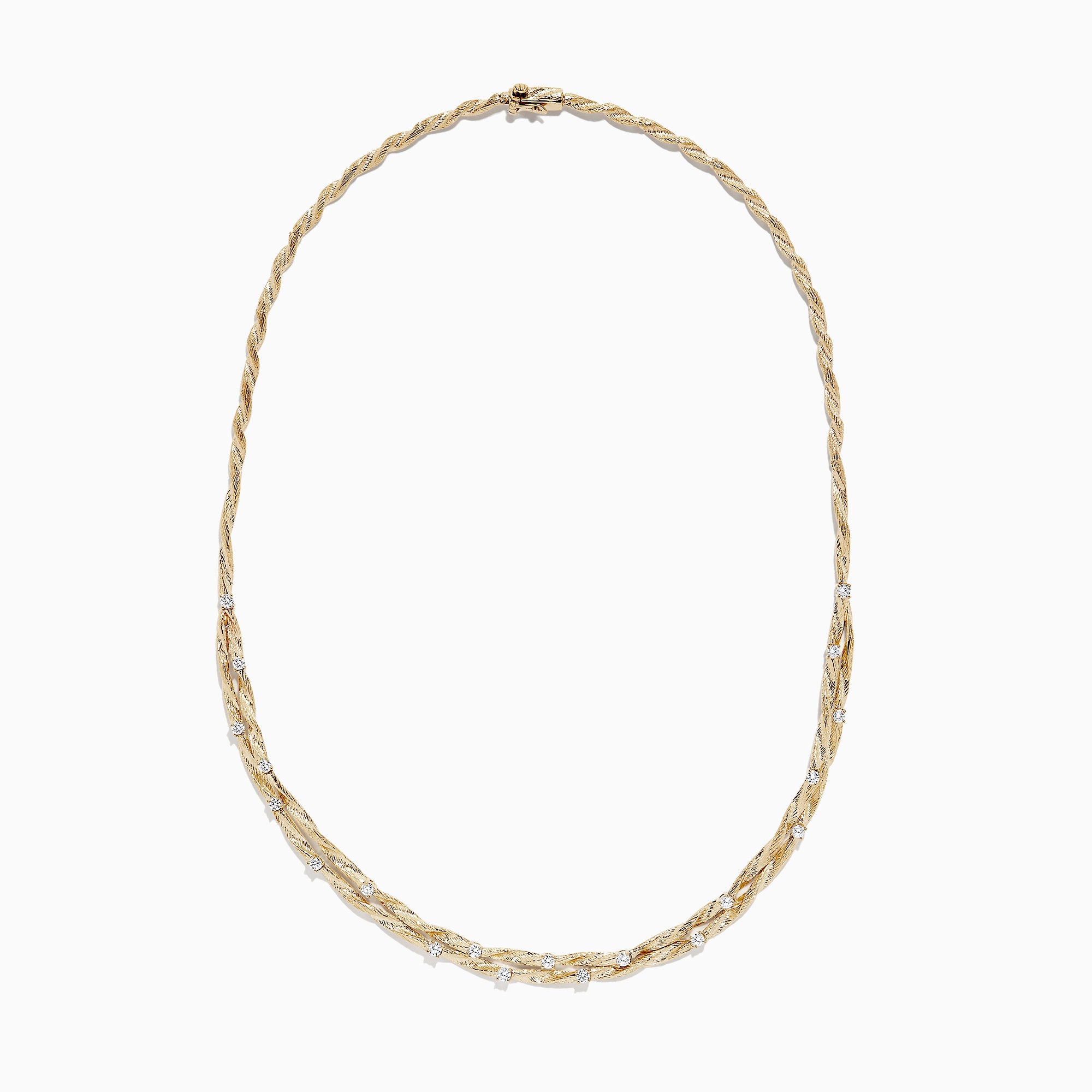 The DOro 14K Yellow Gold Diamond Necklace, 1.21 TCW, features a twisted gold chain with small, evenly spaced diamonds—an elegant piece by Effy, shown on a white background and perfect for any occasion.
