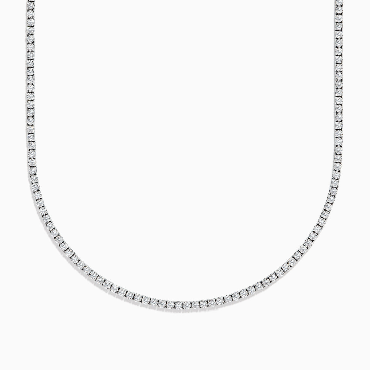 The Pave Classica 14K White Gold Diamond Tennis Necklace 10.51 TCW features small, round diamonds set closely in a continuous line, creating an elegant U-shape on a plain white background.