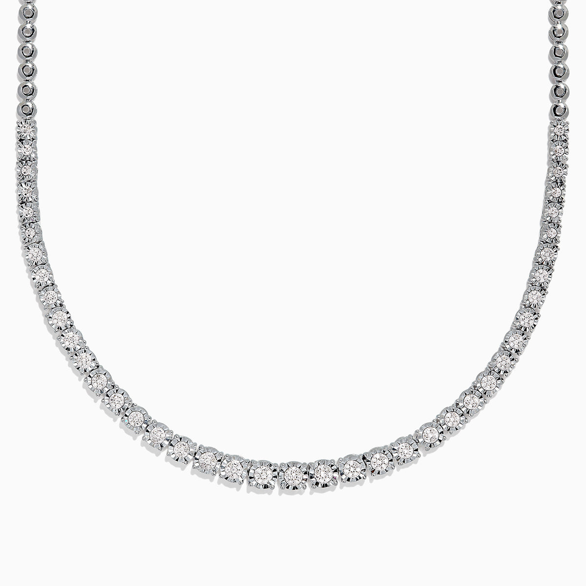 A 925 Sterling Silver Diamond Necklace, 0.31 TCW, showcases a continuous row of round white diamonds in a classic tennis style on a plain white background. Total carat weight available upon request.