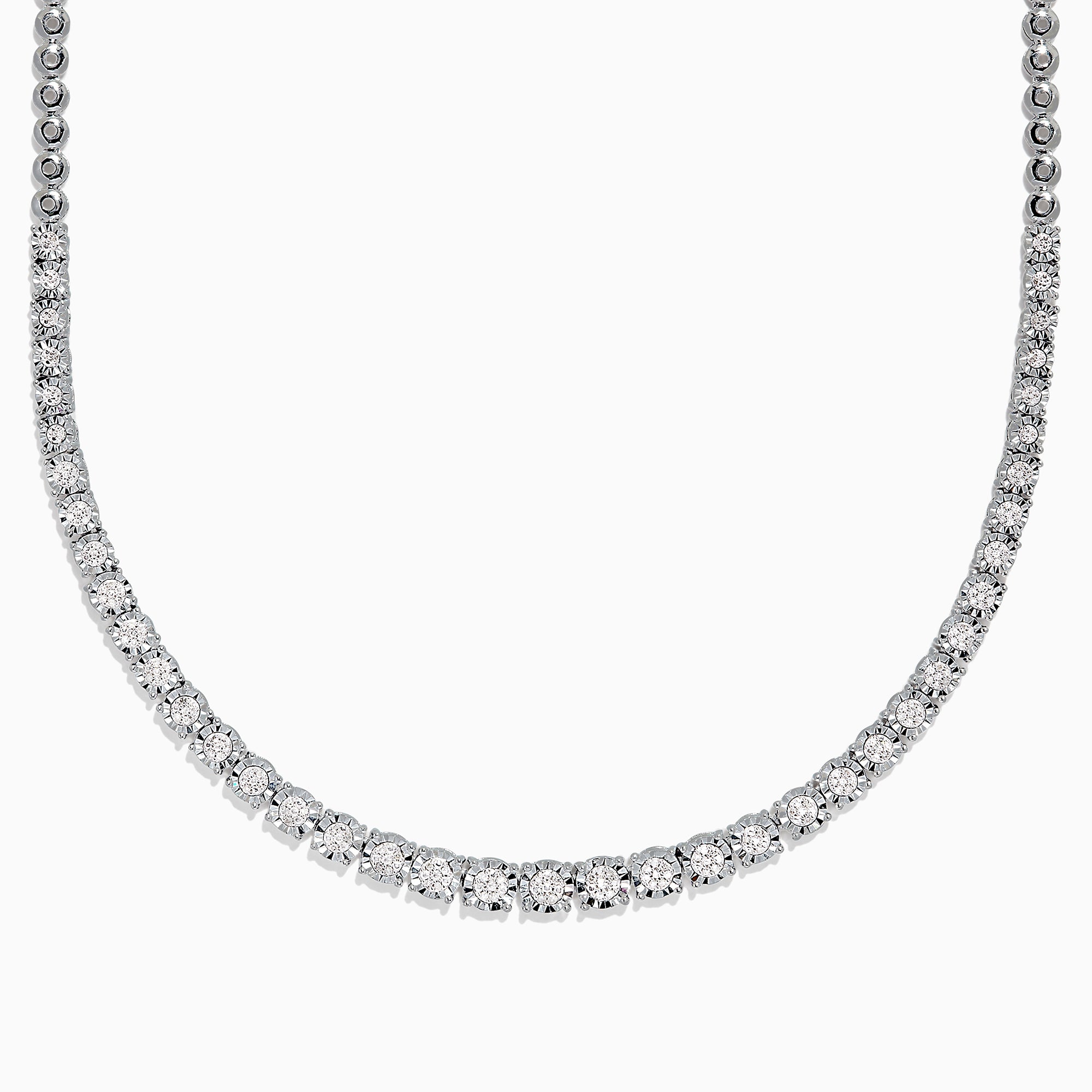 A 925 Sterling Silver Diamond Necklace, 0.31 TCW, showcases a continuous row of round white diamonds in a classic tennis style on a plain white background. Total carat weight available upon request.