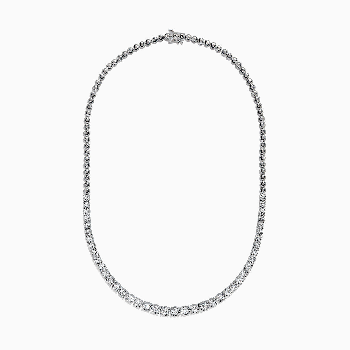 A 925 Sterling Silver Diamond Necklace, 0.31 TCW, showcases a continuous row of round white diamonds in a classic tennis style on a plain white background. Total carat weight available upon request.