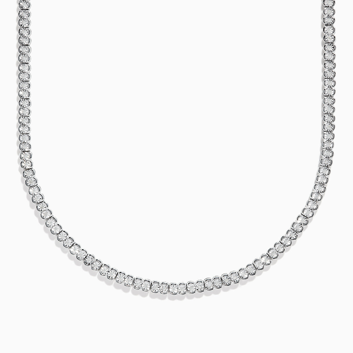 A close-up of the 925 Sterling Silver Diamond Tennis Necklace showcases its continuous row of sparkling round diamonds in a simple, elegant design against a white background.