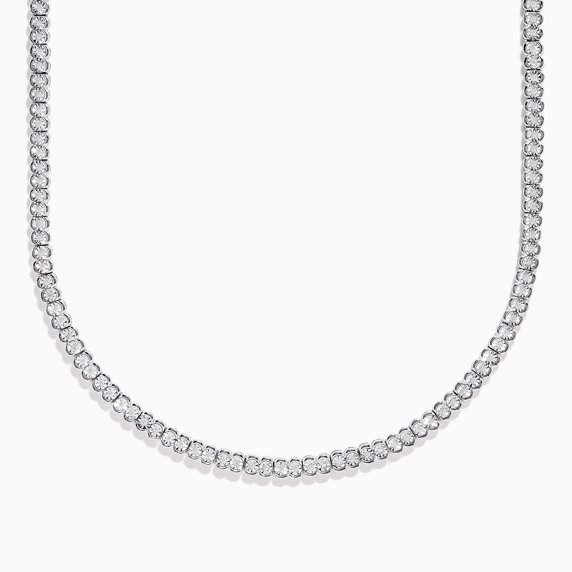 A close-up of the 925 Sterling Silver Diamond Tennis Necklace showcases its continuous row of sparkling round diamonds in a simple, elegant design against a white background.