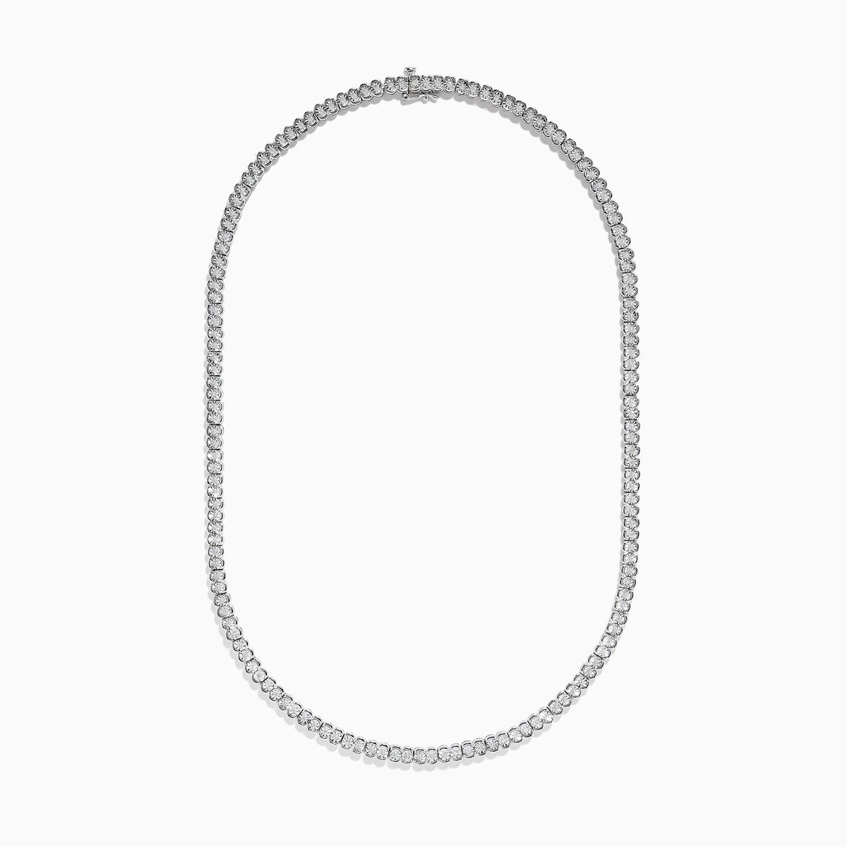 A close-up of the 925 Sterling Silver Diamond Tennis Necklace showcases its continuous row of sparkling round diamonds in a simple, elegant design against a white background.