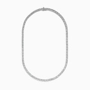 A close-up of the 925 Sterling Silver Diamond Tennis Necklace showcases its continuous row of sparkling round diamonds in a simple, elegant design against a white background.