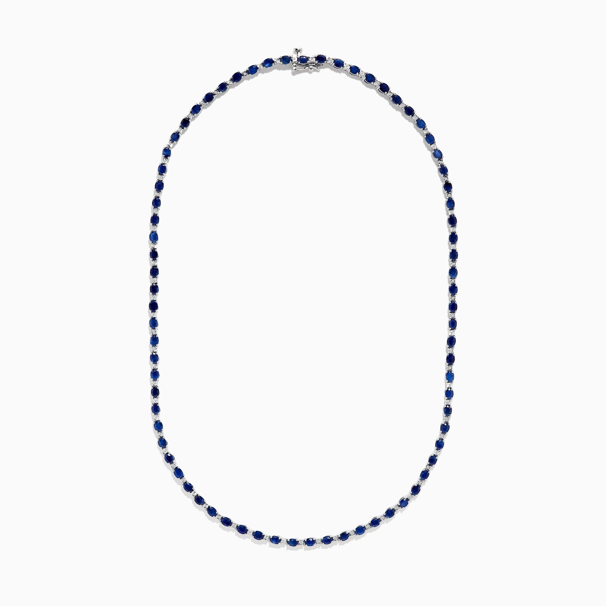 The 925 Sterling Silver Blue Sapphire Tennis Necklace features a continuous line of round blue sapphires set in sterling silver, creating a simple and elegant design.