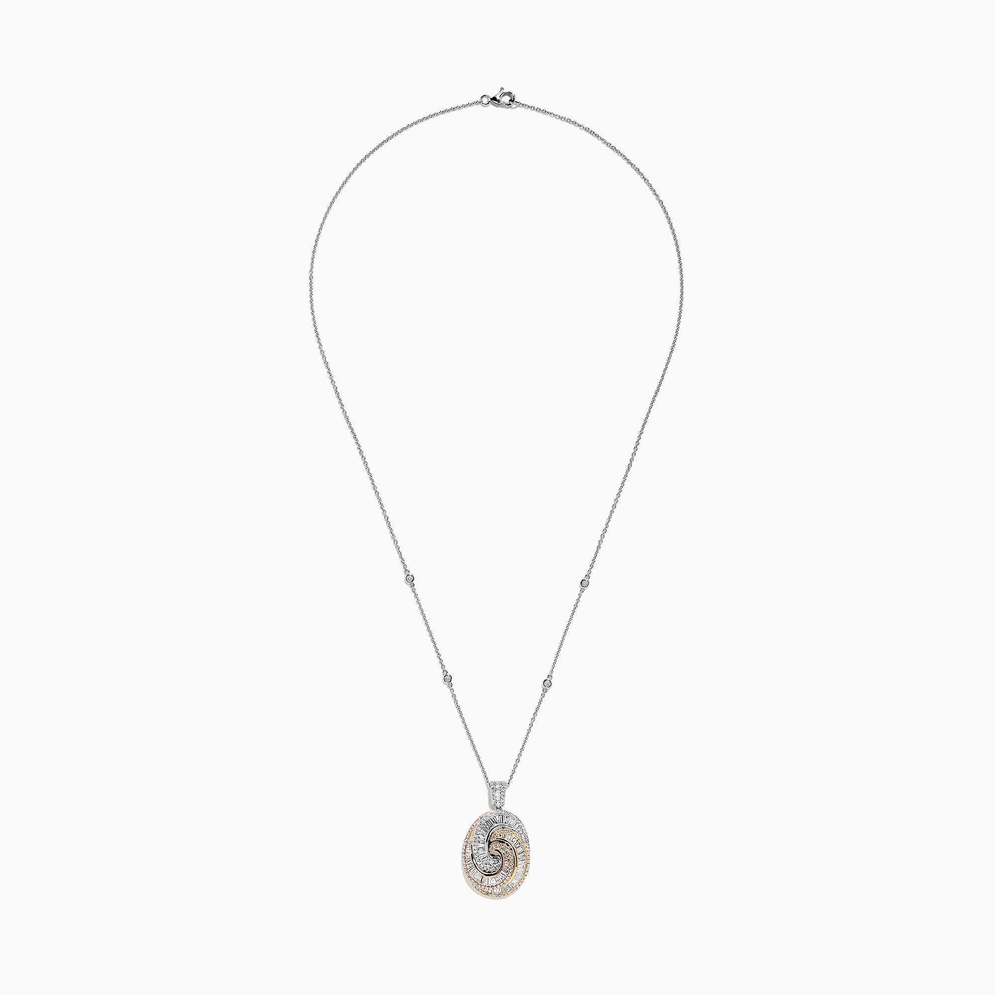 The Trio 14K Tri Color Gold Diamond Swirl Pendant, 1.28 TCW, features an intricate spiral of diamonds in three gold tones, gracefully suspended from a fine silver chain.