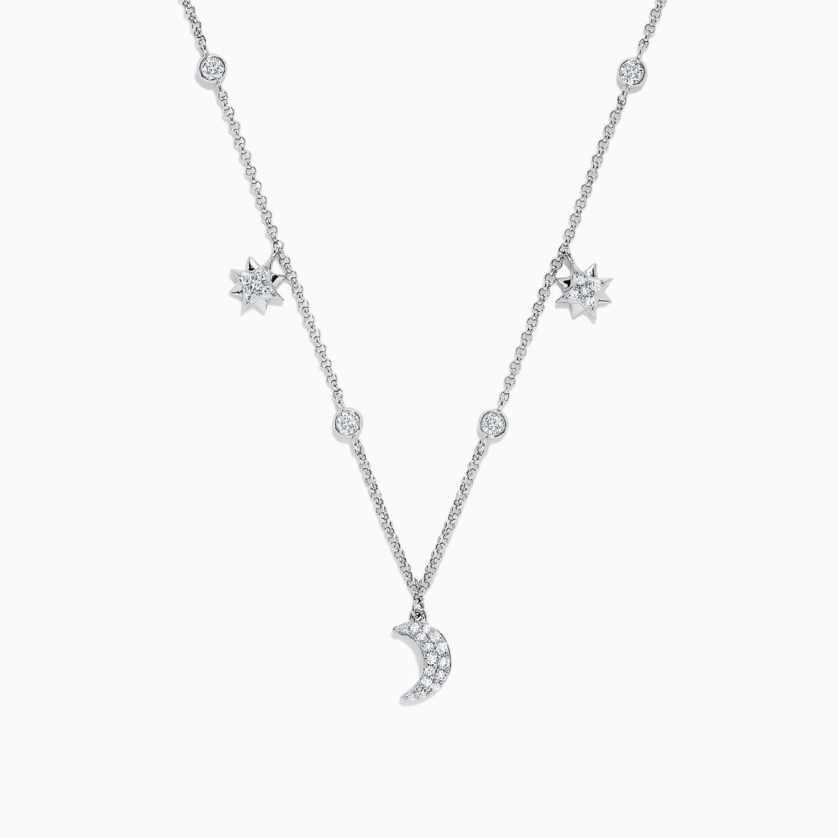 The Novelty 14K White Gold Diamond Moon and Stars Necklace, 0.38 TCW, features a crescent moon pendant and two star charms with sparkling diamonds, all elegantly set on a white gold chain for a celestial-inspired look.