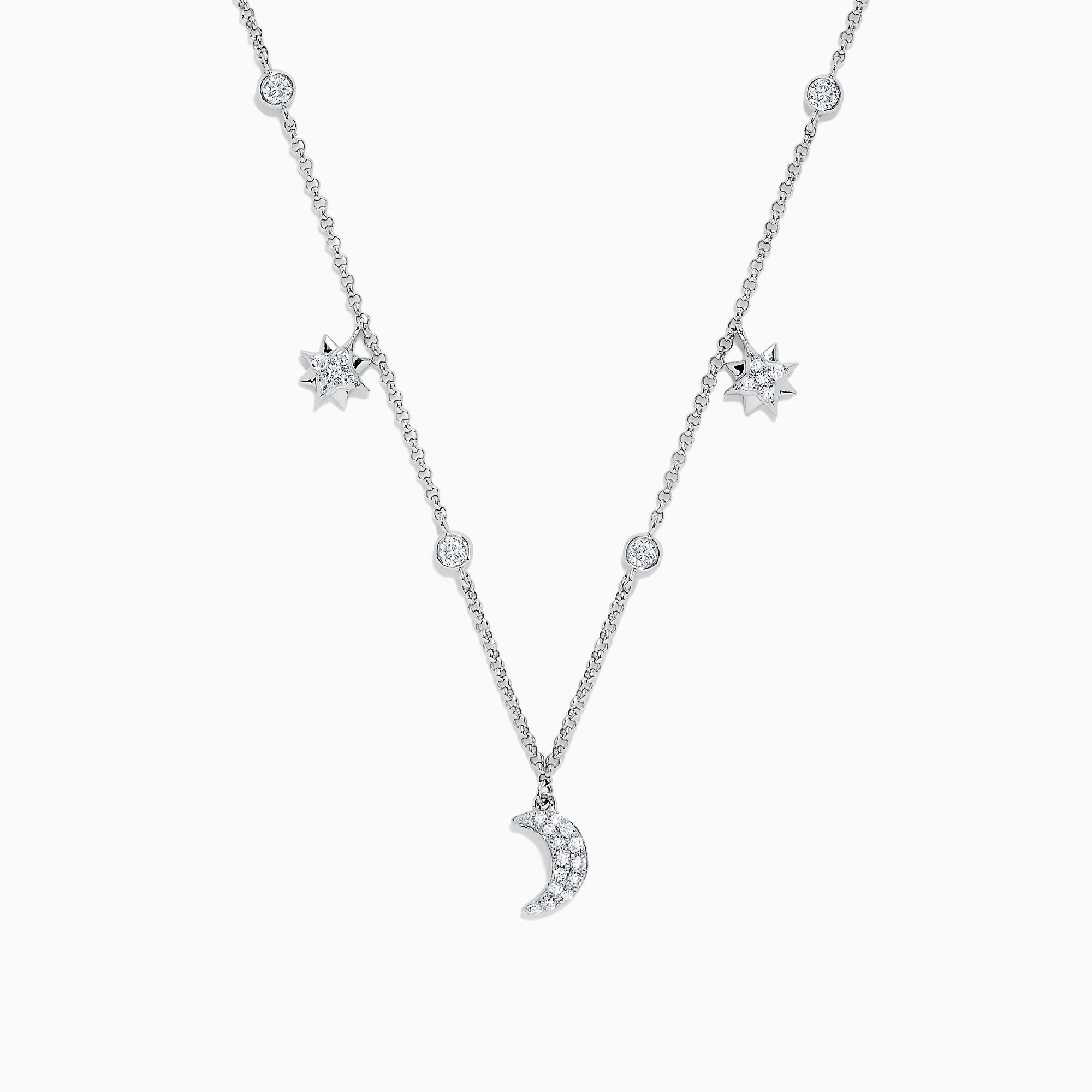 The Novelty 14K White Gold Diamond Moon and Stars Necklace, 0.38 TCW, features a crescent moon pendant and two star charms with sparkling diamonds, all elegantly set on a white gold chain for a celestial-inspired look.