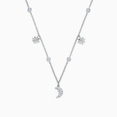 The Novelty 14K White Gold Diamond Moon and Stars Necklace, 0.38 TCW, features a crescent moon pendant and two star charms with sparkling diamonds, all elegantly set on a white gold chain for a celestial-inspired look.