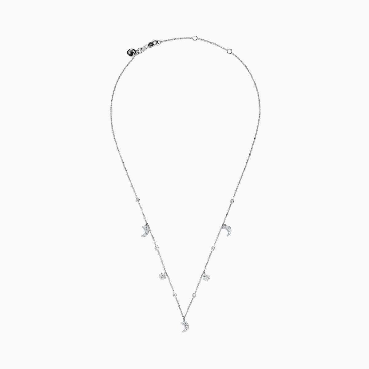 The Novelty 14K White Gold Diamond Moon and Stars Necklace, 0.38 TCW, features a crescent moon pendant and two star charms with sparkling diamonds, all elegantly set on a white gold chain for a celestial-inspired look.