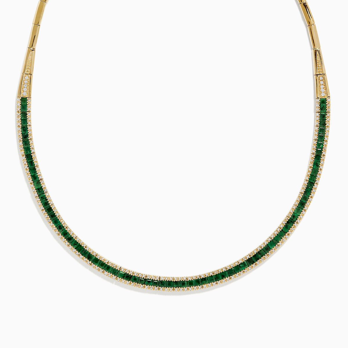The Brasilica 14K Yellow Gold Emerald and Diamond Necklace features a row of square-cut emeralds with diamond accents along the edges, creating an elegant, symmetrical design. Shown against a white background.