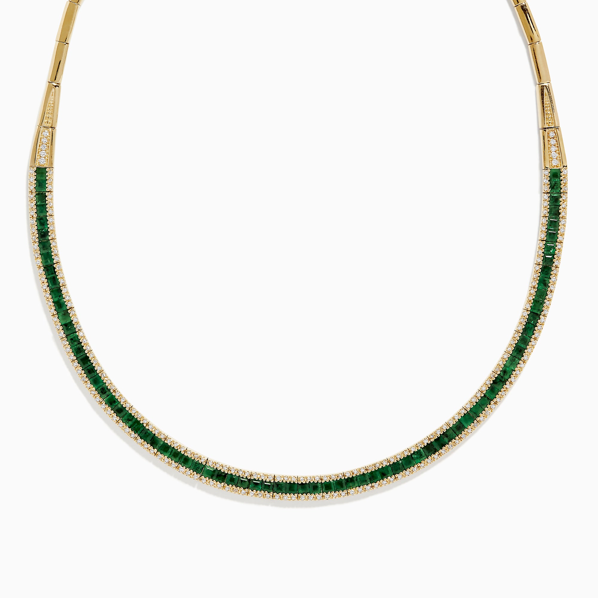 The Brasilica 14K Yellow Gold Emerald and Diamond Necklace features a row of square-cut emeralds with diamond accents along the edges, creating an elegant, symmetrical design. Shown against a white background.