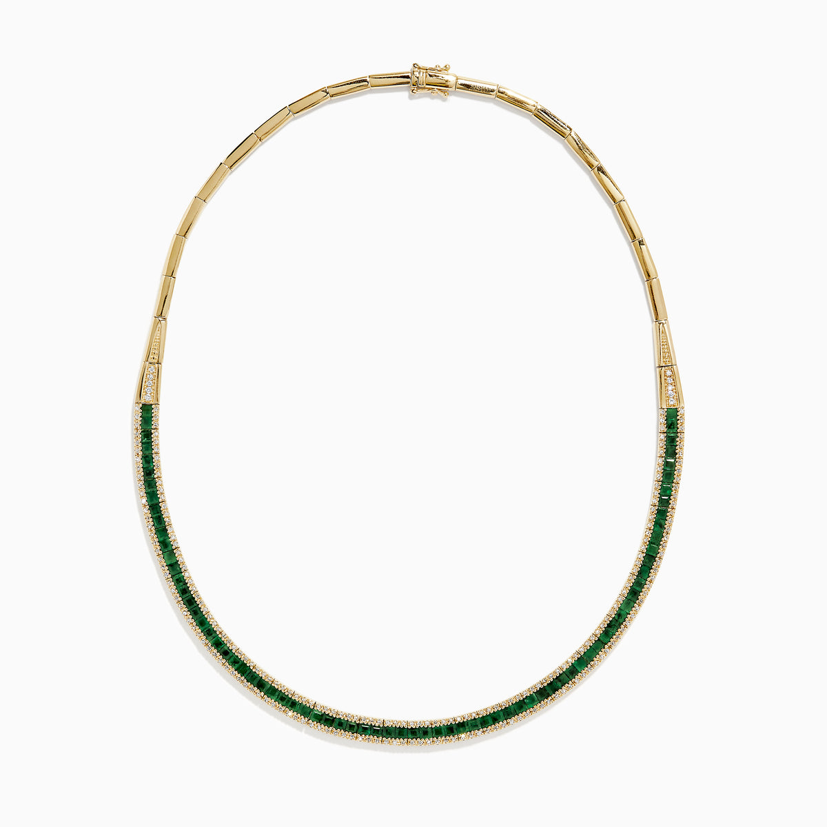 The Brasilica 14K Yellow Gold Emerald and Diamond Necklace features a row of square-cut emeralds with diamond accents along the edges, creating an elegant, symmetrical design. Shown against a white background.