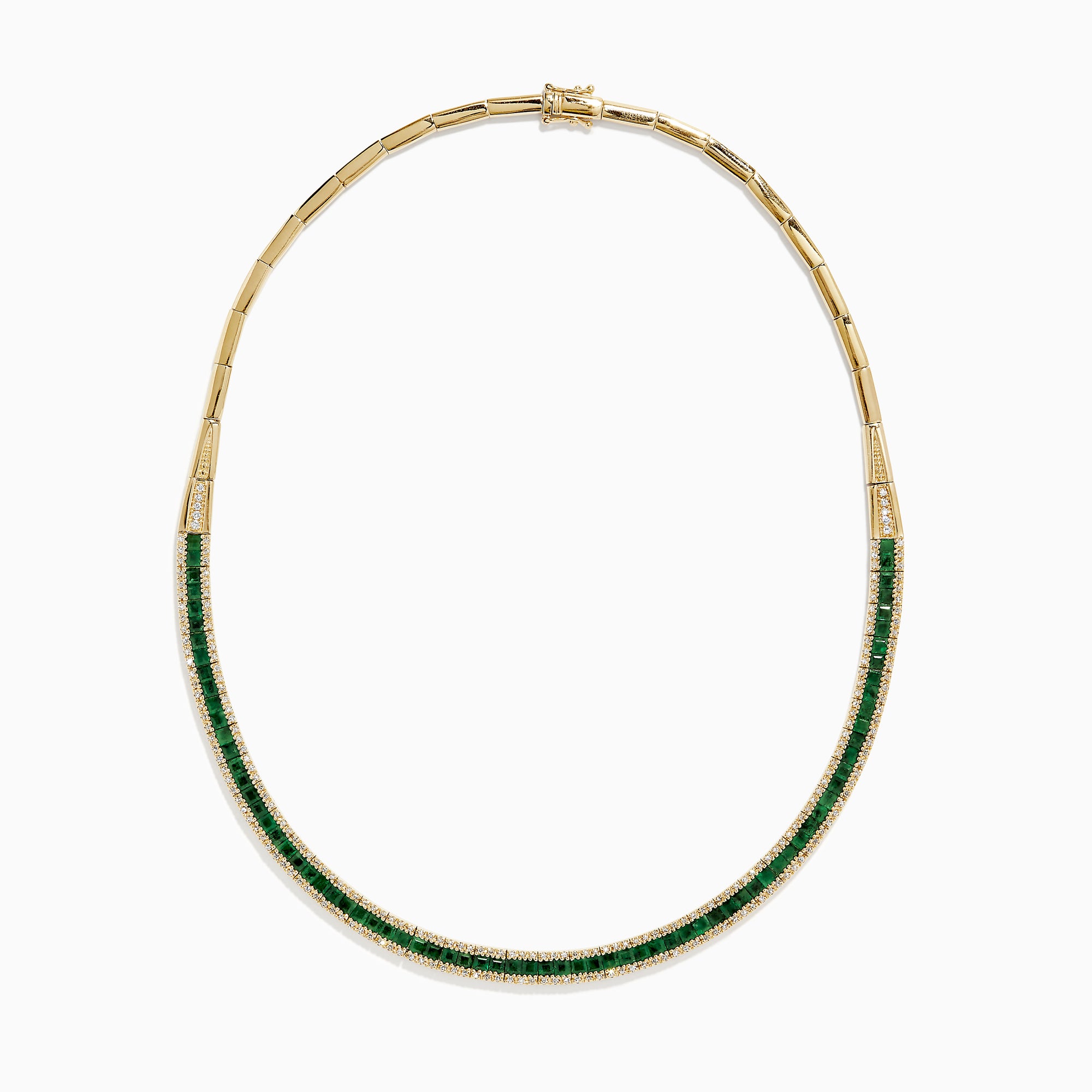 The Brasilica 14K Yellow Gold Emerald and Diamond Necklace features a row of square-cut emeralds with diamond accents along the edges, creating an elegant, symmetrical design. Shown against a white background.