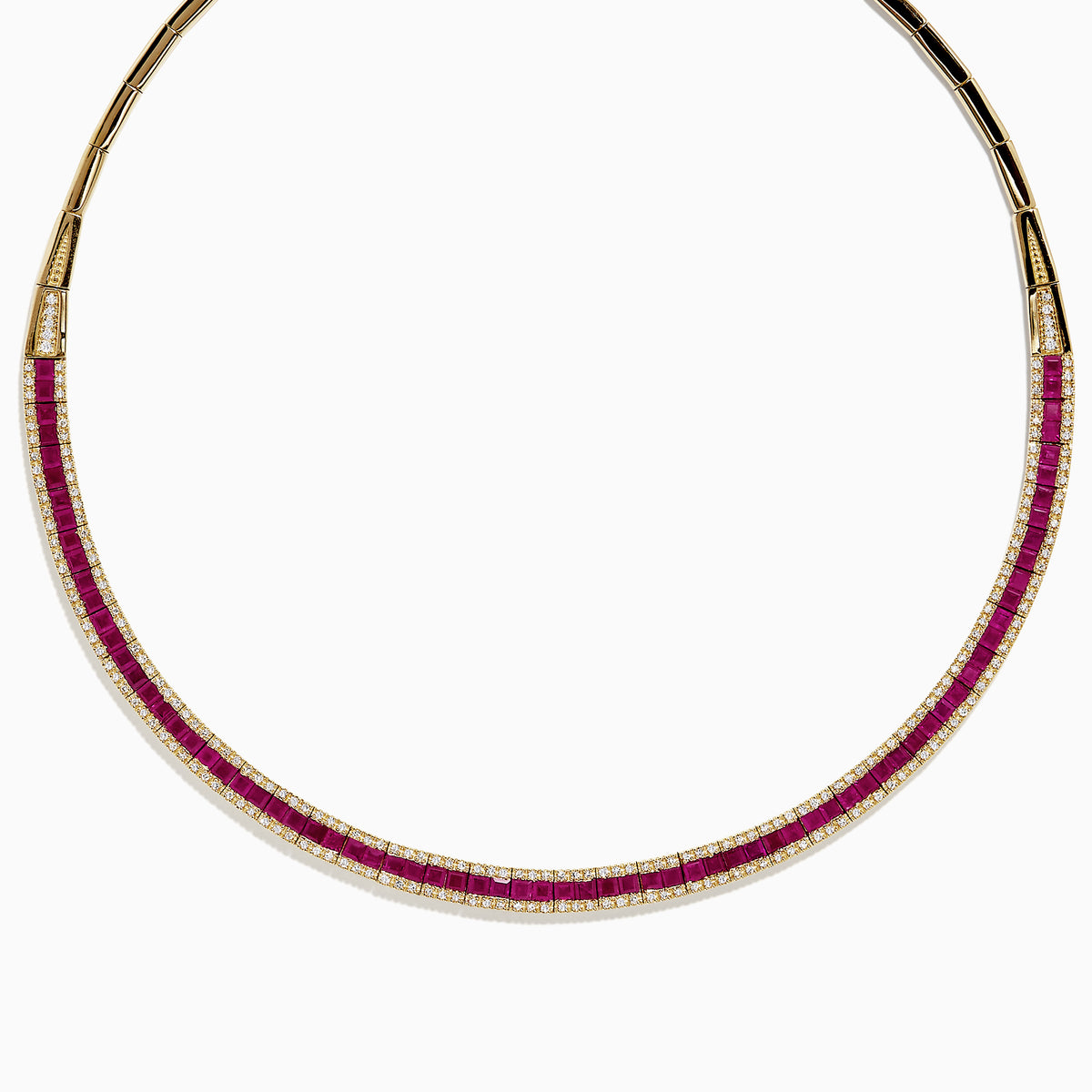 The Ruby Royale 14K Yellow Gold Ruby and Diamond Collar Necklace, 11.31 TCW, features a row of square-cut red rubies bordered by white diamonds at the front and a plain gold back for classic elegance.