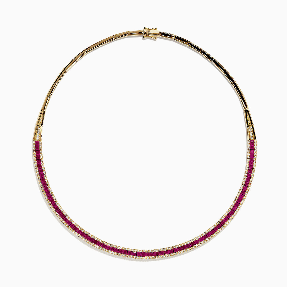 The Ruby Royale 14K Yellow Gold Ruby and Diamond Collar Necklace, 11.31 TCW, features a row of square-cut red rubies bordered by white diamonds at the front and a plain gold back for classic elegance.