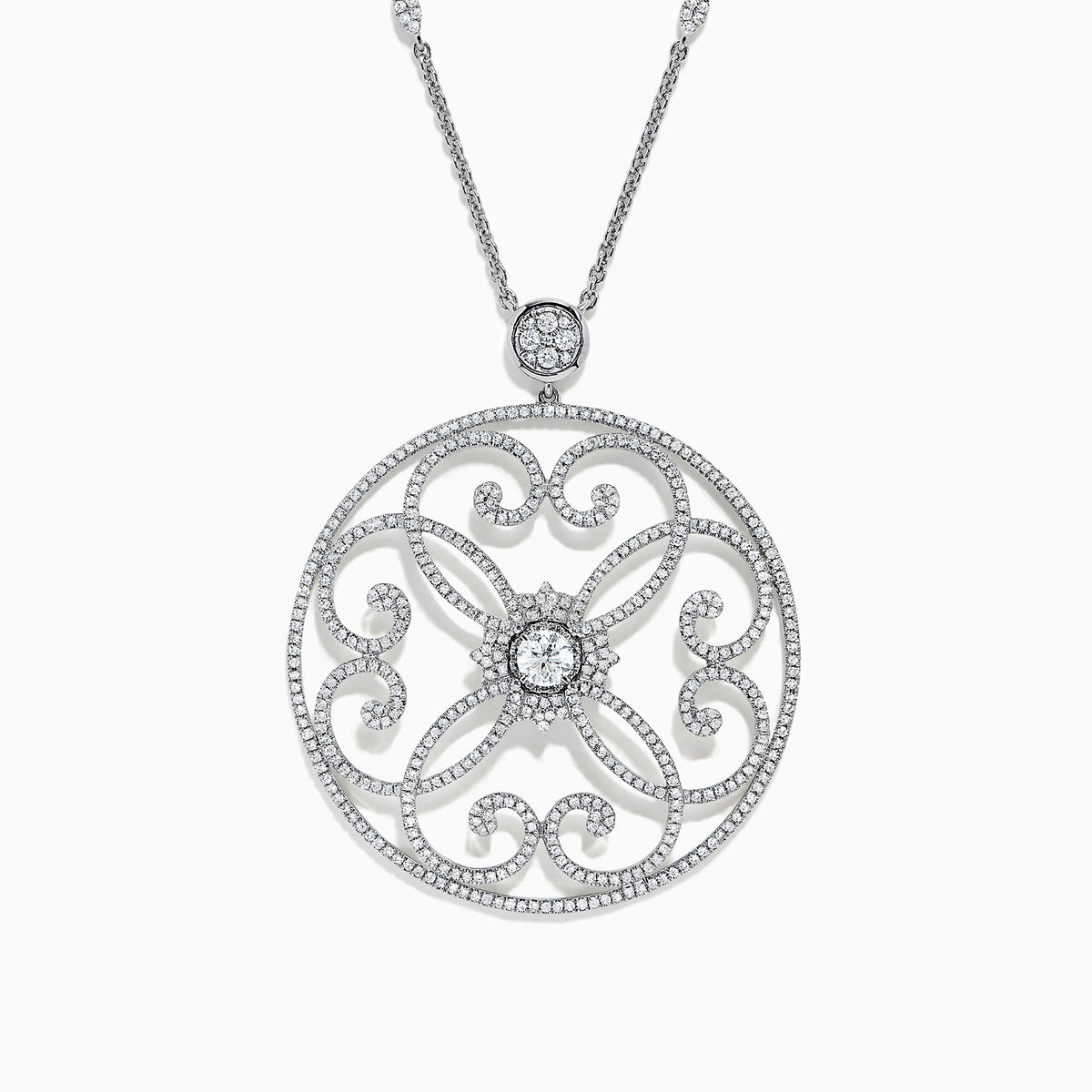 The Pave Classica 14K White Gold Diamond Pendant features a circular filigree design adorned with diamonds totaling 1.32 TCW, set in a delicate white gold pendant.