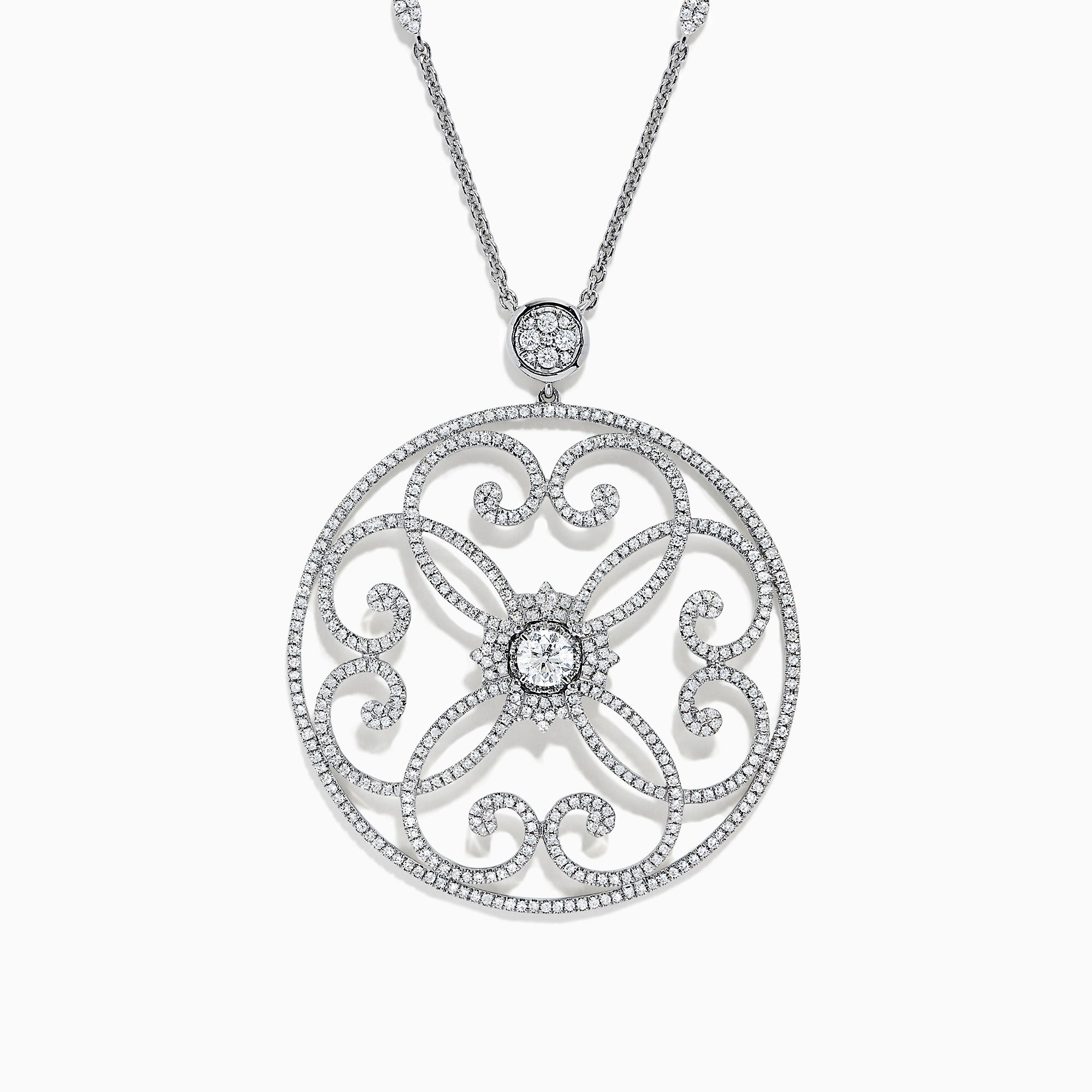 The Pave Classica 14K White Gold Diamond Pendant features a circular filigree design adorned with diamonds totaling 1.32 TCW, set in a delicate white gold pendant.
