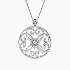 The Pave Classica 14K White Gold Diamond Pendant features a circular filigree design adorned with diamonds totaling 1.32 TCW, set in a delicate white gold pendant.