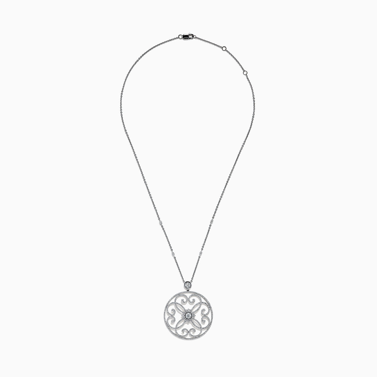 The Pave Classica 14K White Gold Diamond Pendant features a circular filigree design adorned with diamonds totaling 1.32 TCW, set in a delicate white gold pendant.