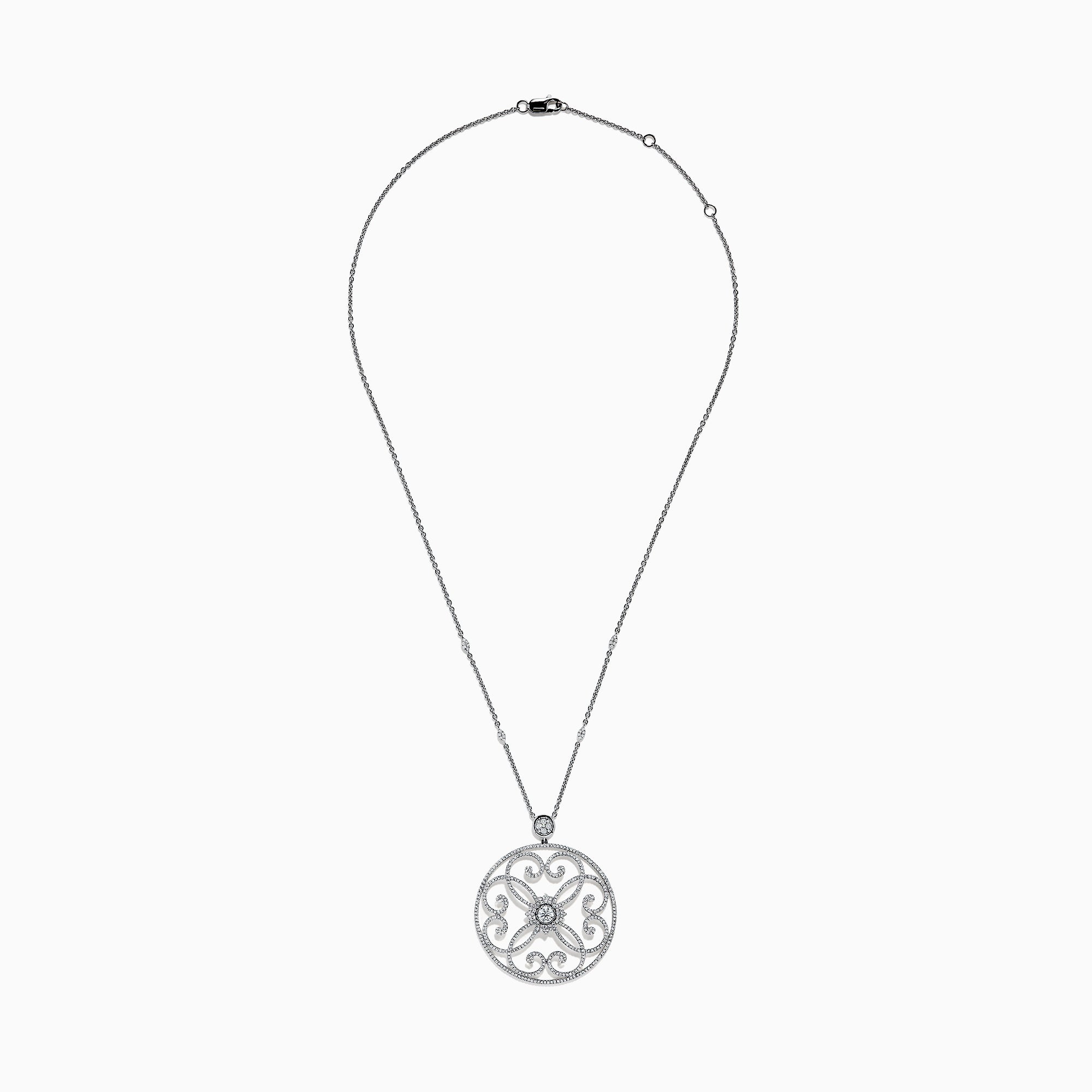 The Pave Classica 14K White Gold Diamond Pendant features a circular filigree design adorned with diamonds totaling 1.32 TCW, set in a delicate white gold pendant.