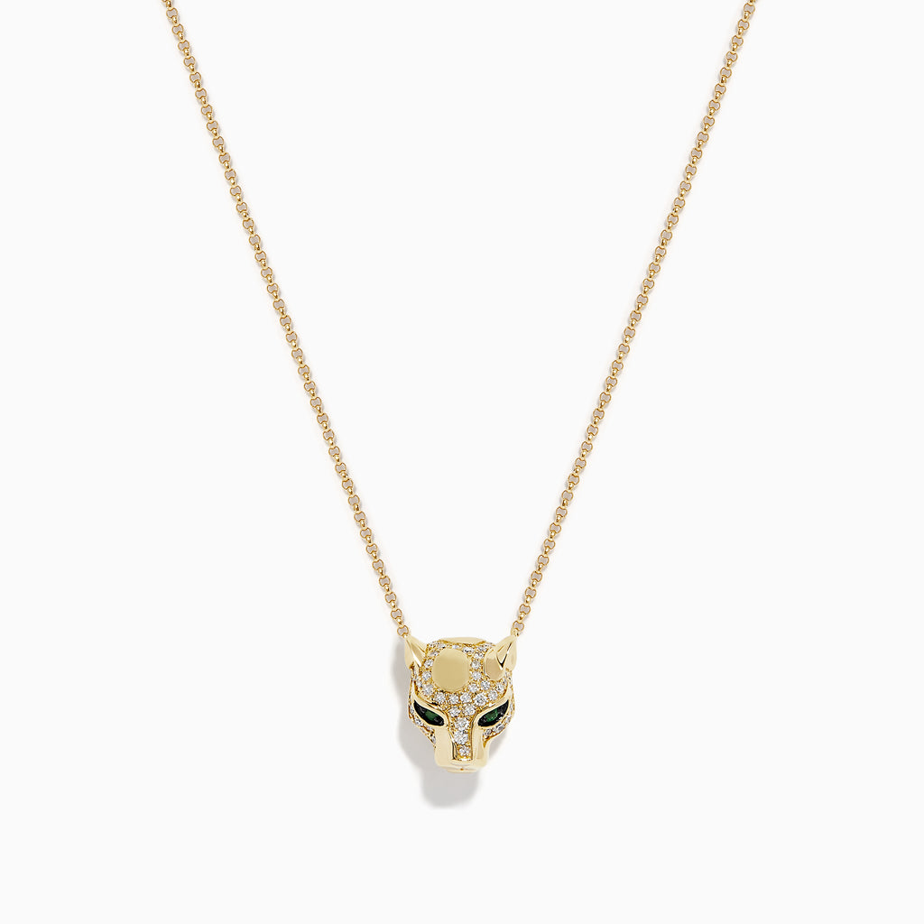 The Signature 14K Gold Emerald and Diamond Panther Pendant (0.27 TCW) features a stylized panther head with emerald-green gemstone eyes and intricate detailing, suspended on a delicate gold chain against a white background.