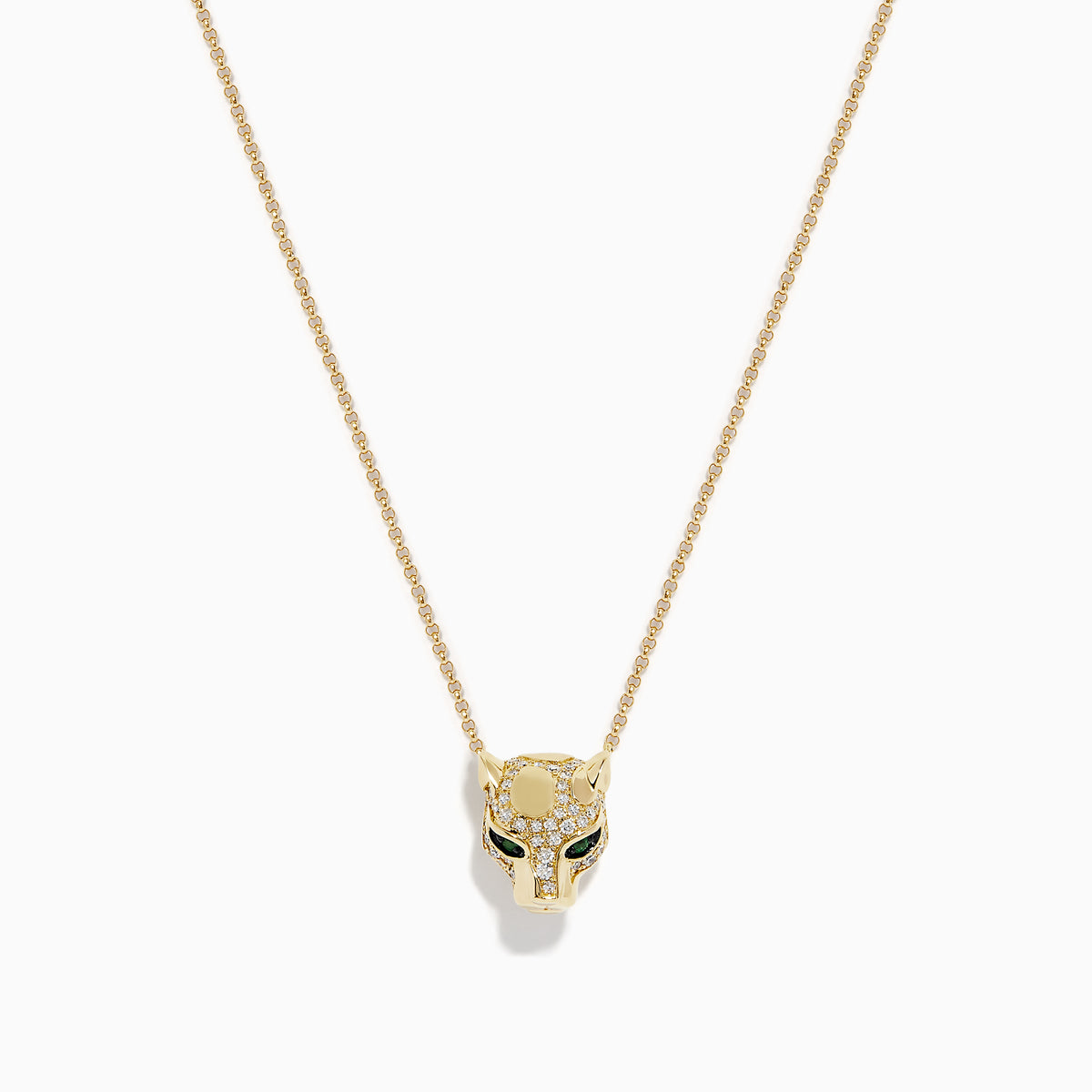 The Signature 14K Gold Emerald and Diamond Panther Pendant (0.27 TCW) features a stylized panther head with emerald-green gemstone eyes and intricate detailing, suspended on a delicate gold chain against a white background.
