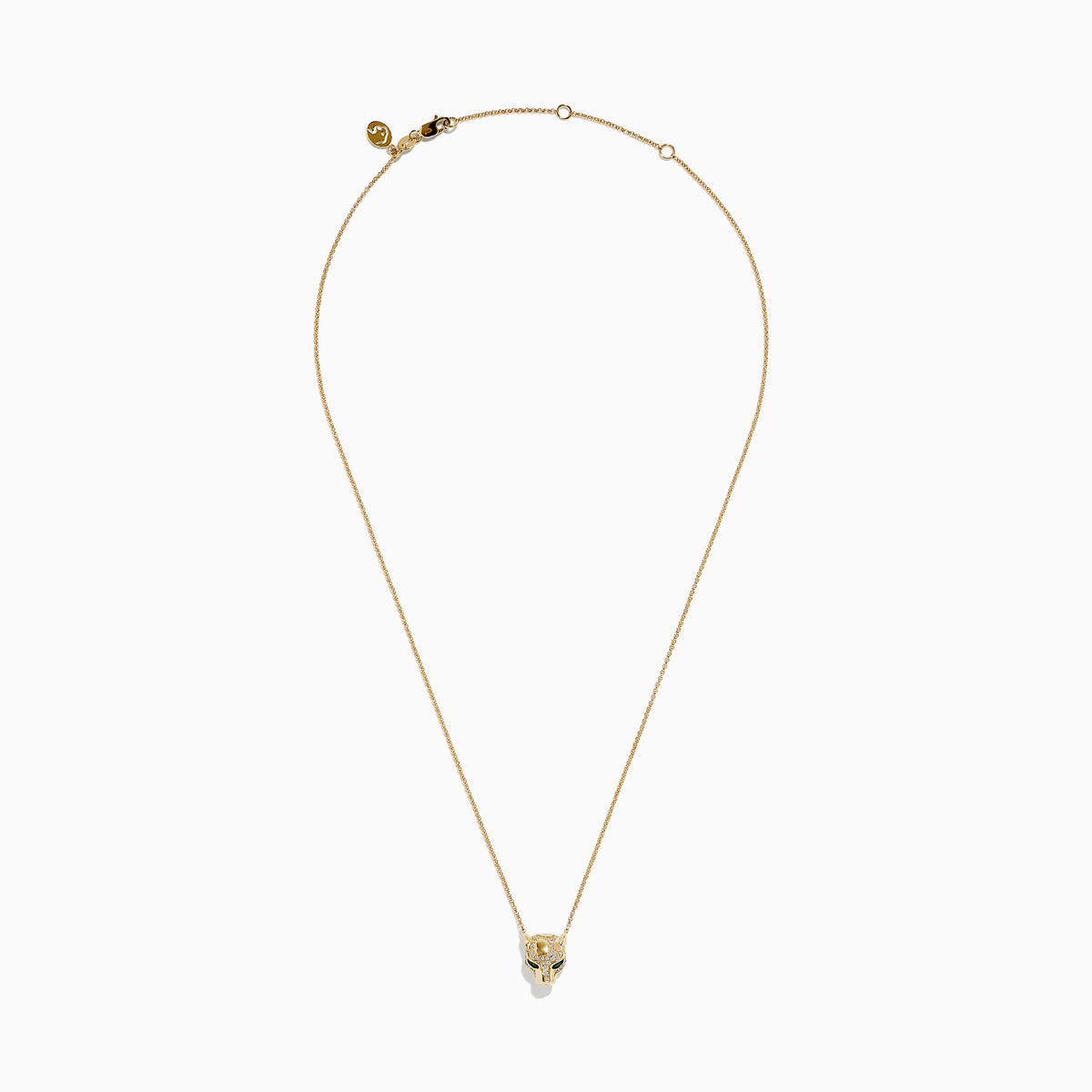 The Signature 14K Gold Emerald and Diamond Panther Pendant (0.27 TCW) features a stylized panther head with emerald-green gemstone eyes and intricate detailing, suspended on a delicate gold chain against a white background.