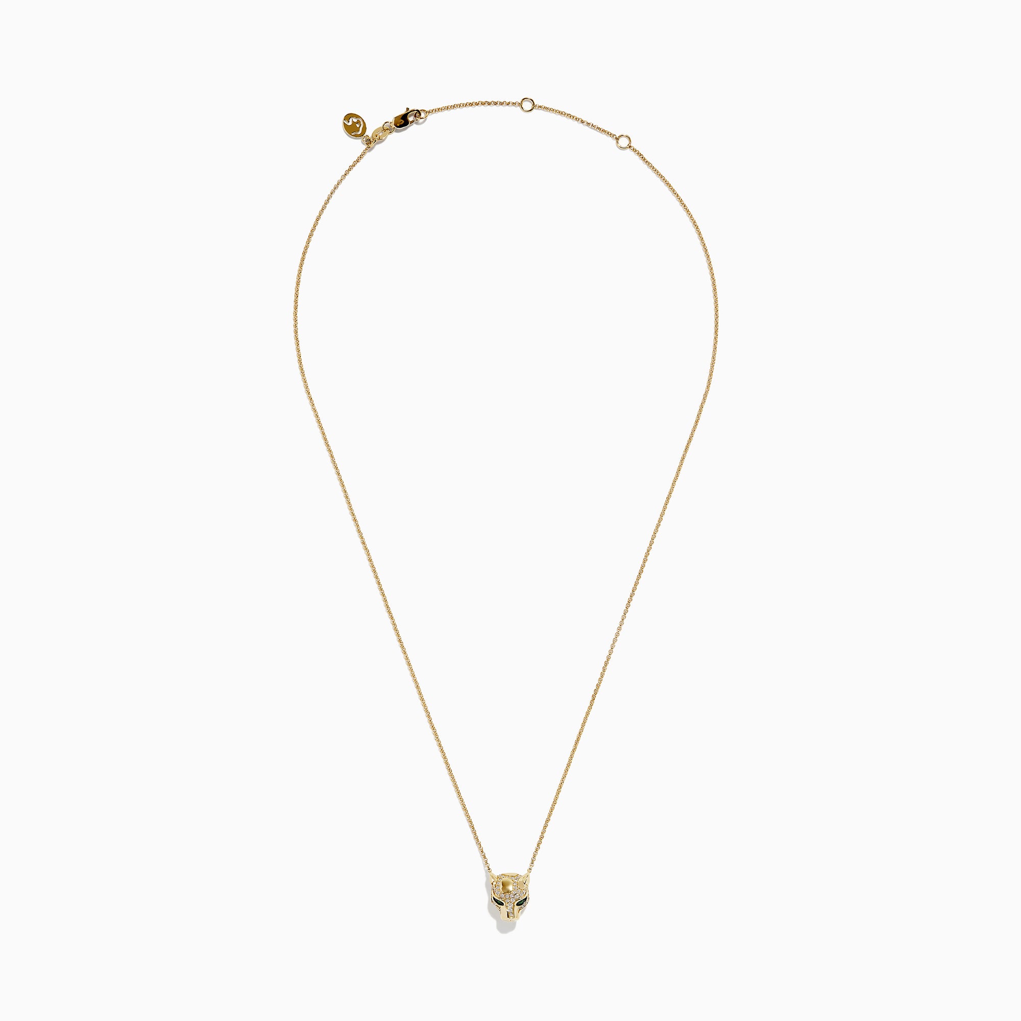 The Signature 14K Gold Emerald and Diamond Panther Pendant (0.27 TCW) features a stylized panther head with emerald-green gemstone eyes and intricate detailing, suspended on a delicate gold chain against a white background.
