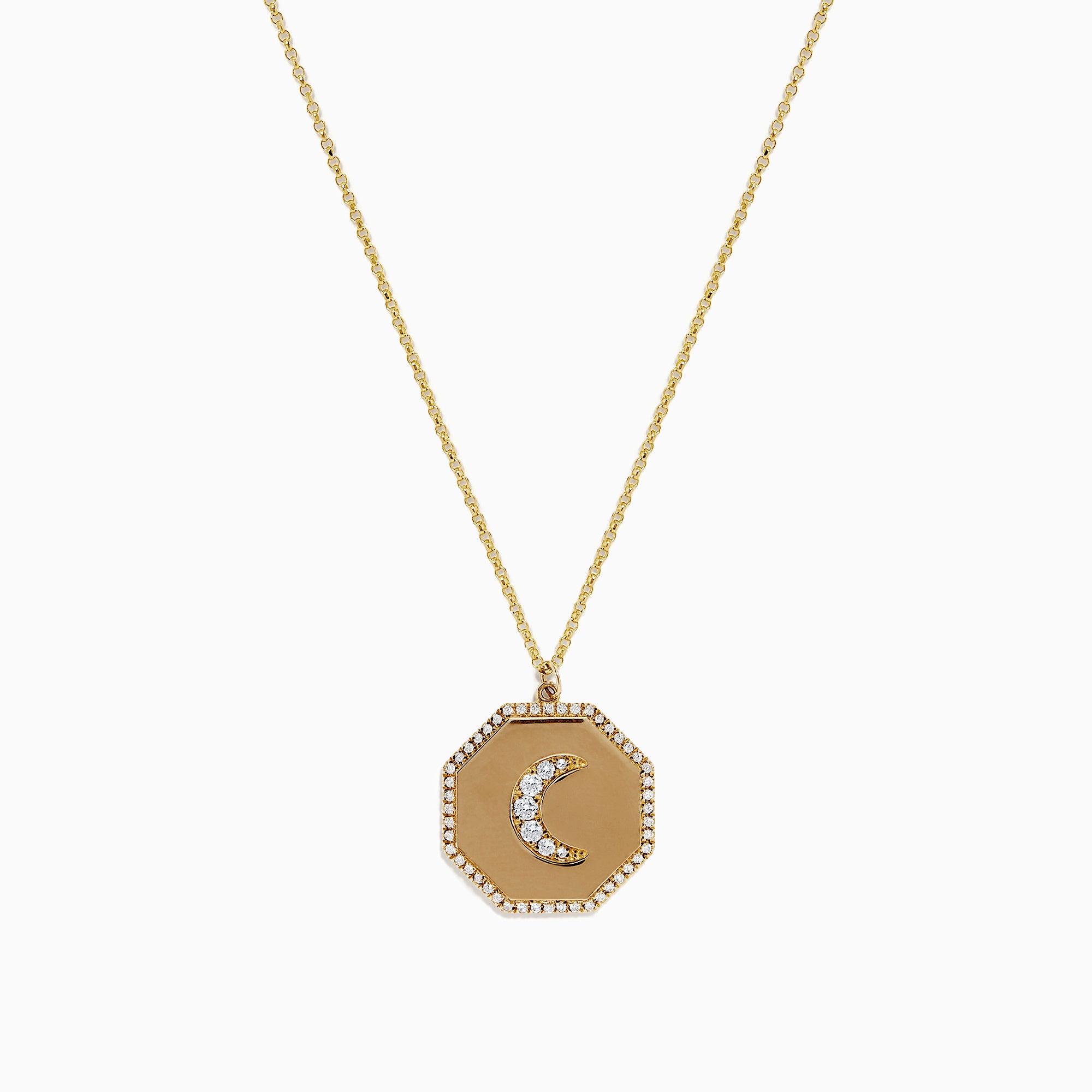 The Novelty 14K Yellow Gold Diamond Moon Pendant, 0.24 TCW, features an octagonal charm with small white gemstones and a border of sparkling stones on a classic gold chain necklace.