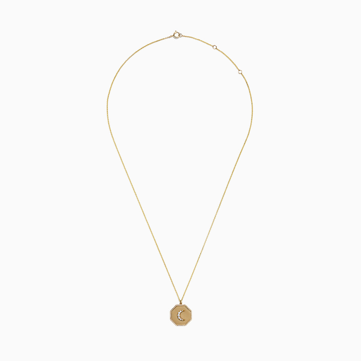 The Novelty 14K Yellow Gold Diamond Moon Pendant, 0.24 TCW, features an octagonal charm with small white gemstones and a border of sparkling stones on a classic gold chain necklace.