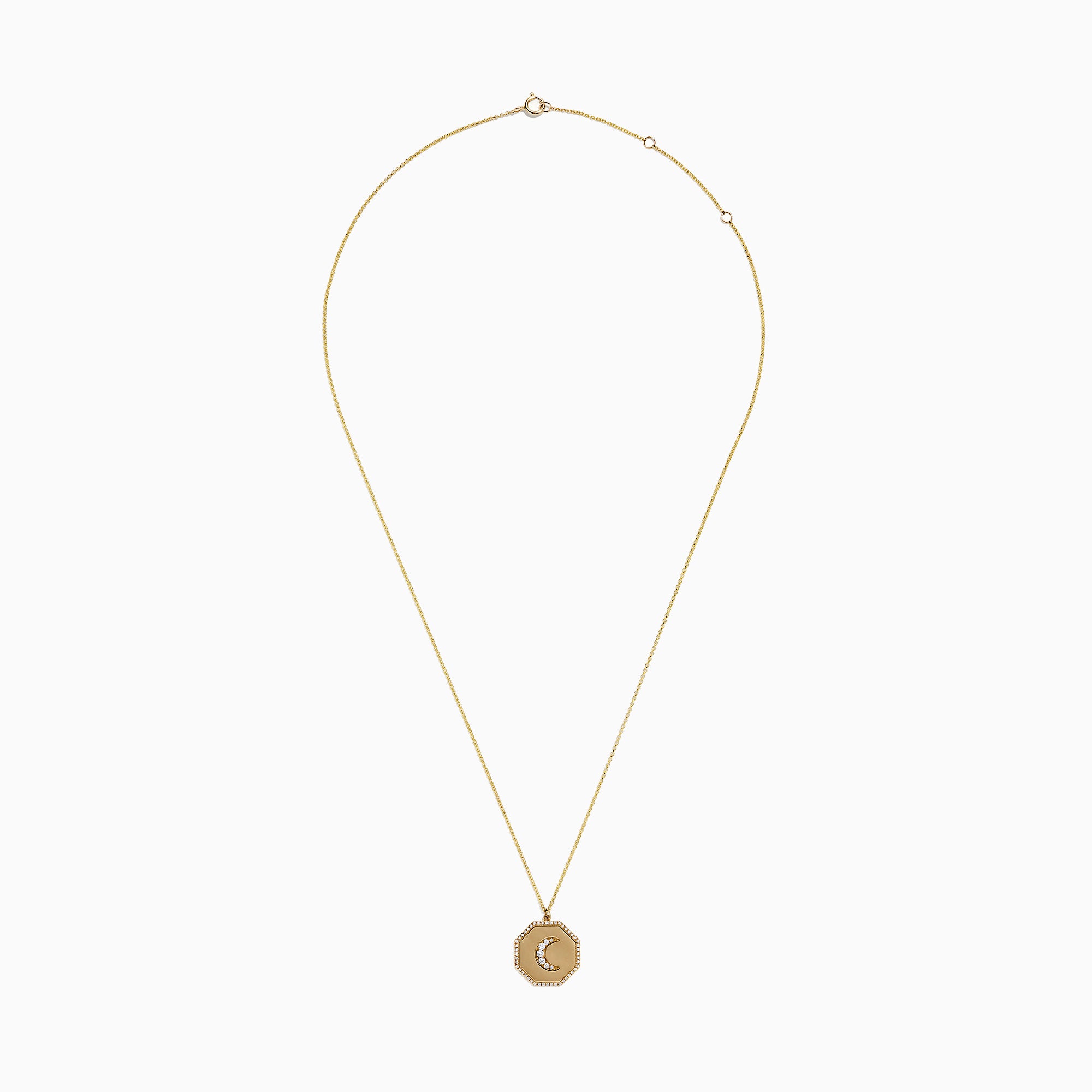 The Novelty 14K Yellow Gold Diamond Moon Pendant, 0.24 TCW, features an octagonal charm with small white gemstones and a border of sparkling stones on a classic gold chain necklace.