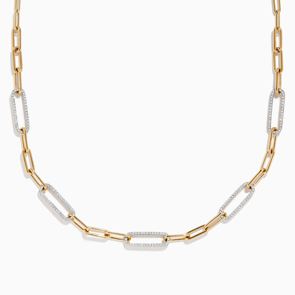 The Doro 14K Yellow Gold Diamond Paperclip Necklace features alternating polished gold and diamond-encrusted links, creating a modern, elegant look with striking sparkle.
