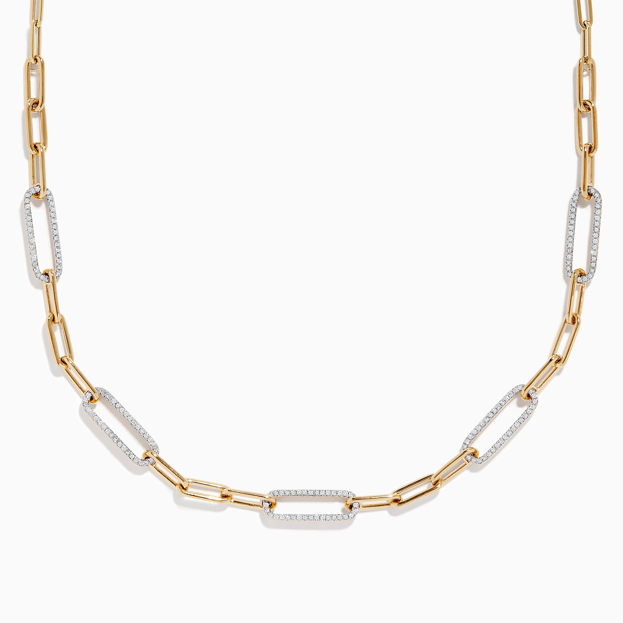 The Doro 14K Yellow Gold Diamond Paperclip Necklace features alternating polished gold and diamond-encrusted links, creating a modern, elegant look with striking sparkle.