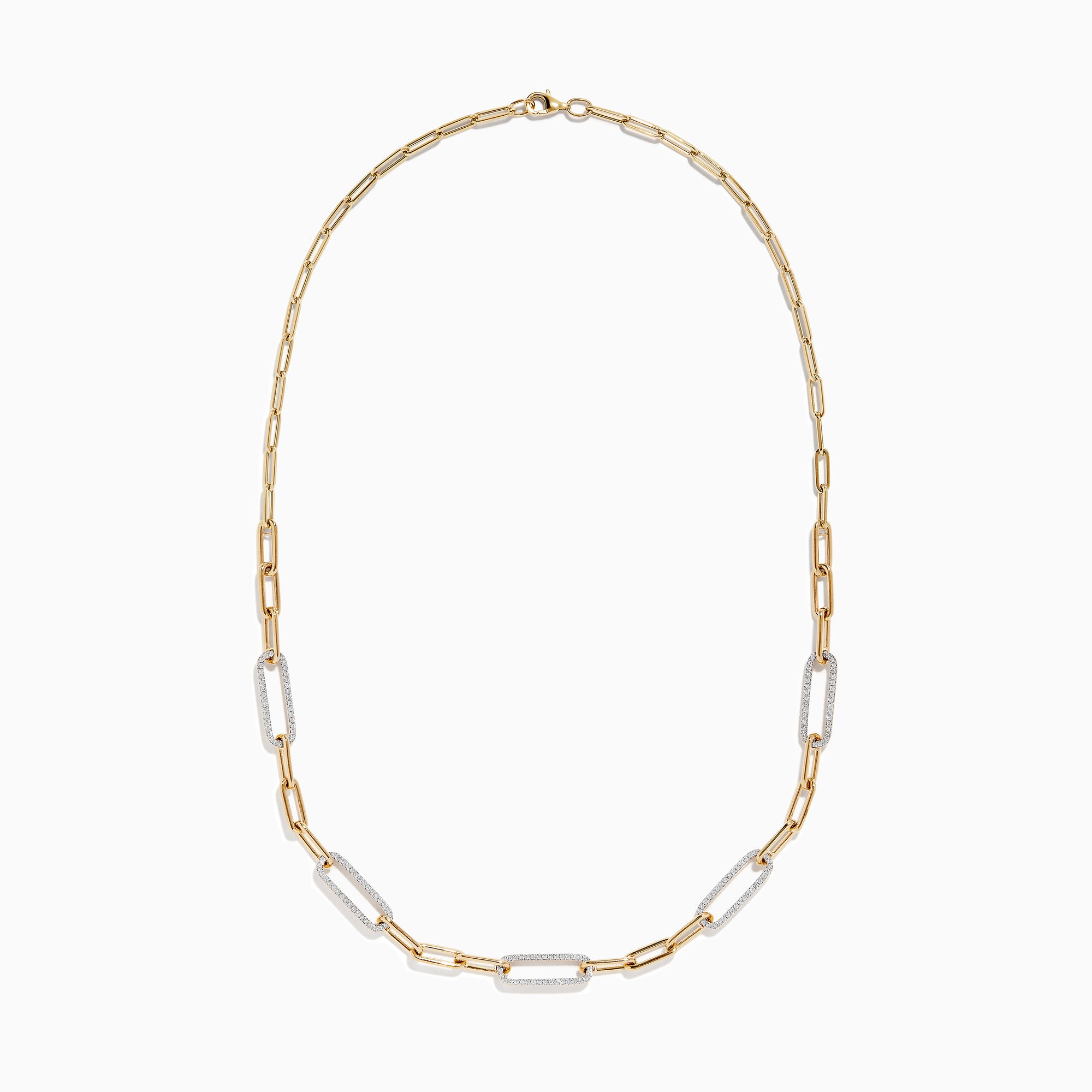 The Doro 14K Yellow Gold Diamond Paperclip Necklace features alternating polished gold and diamond-encrusted links, creating a modern, elegant look with striking sparkle.