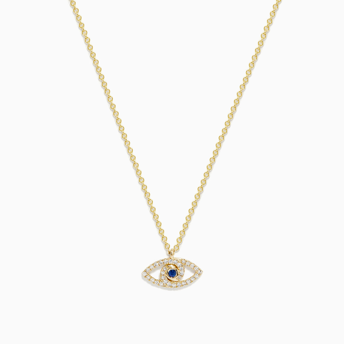 The Novelty 14K Yellow Gold Sapphire and Diamond Evil Eye Pendant features an eye-shaped design with sparkling stones and a central sapphire, resembling a classic talisman necklace.