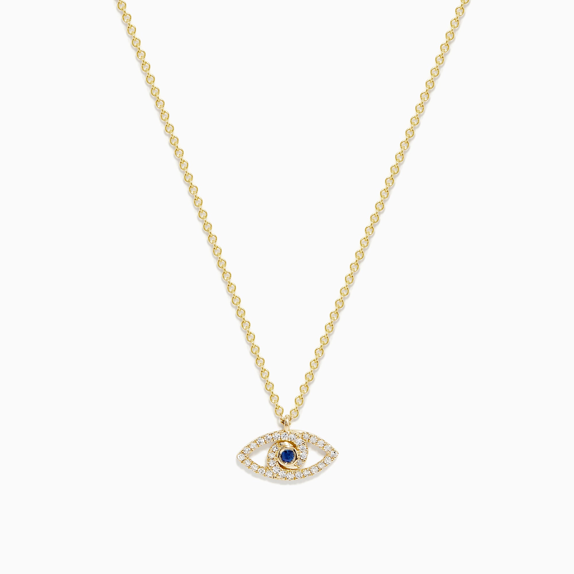 The Novelty 14K Yellow Gold Sapphire and Diamond Evil Eye Pendant features an eye-shaped design with sparkling stones and a central sapphire, resembling a classic talisman necklace.