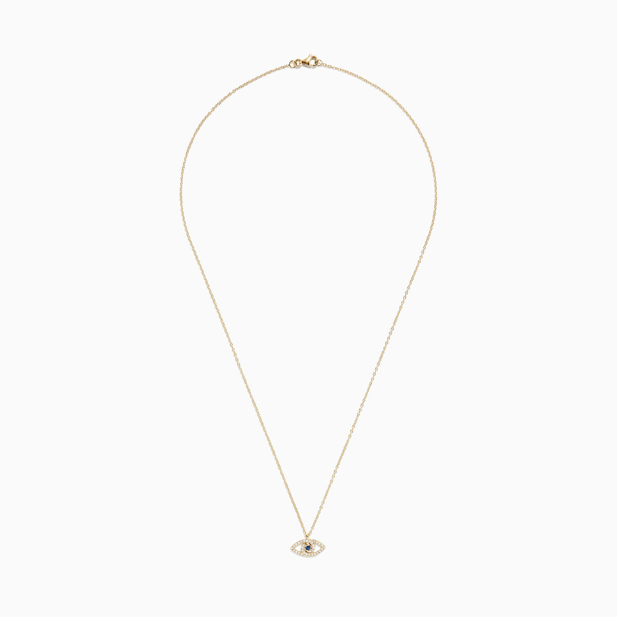 The Novelty 14K Yellow Gold Sapphire and Diamond Evil Eye Pendant features an eye-shaped design with sparkling stones and a central sapphire, resembling a classic talisman necklace.