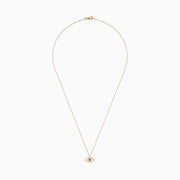 The Novelty 14K Yellow Gold Sapphire and Diamond Evil Eye Pendant features an eye-shaped design with sparkling stones and a central sapphire, resembling a classic talisman necklace.