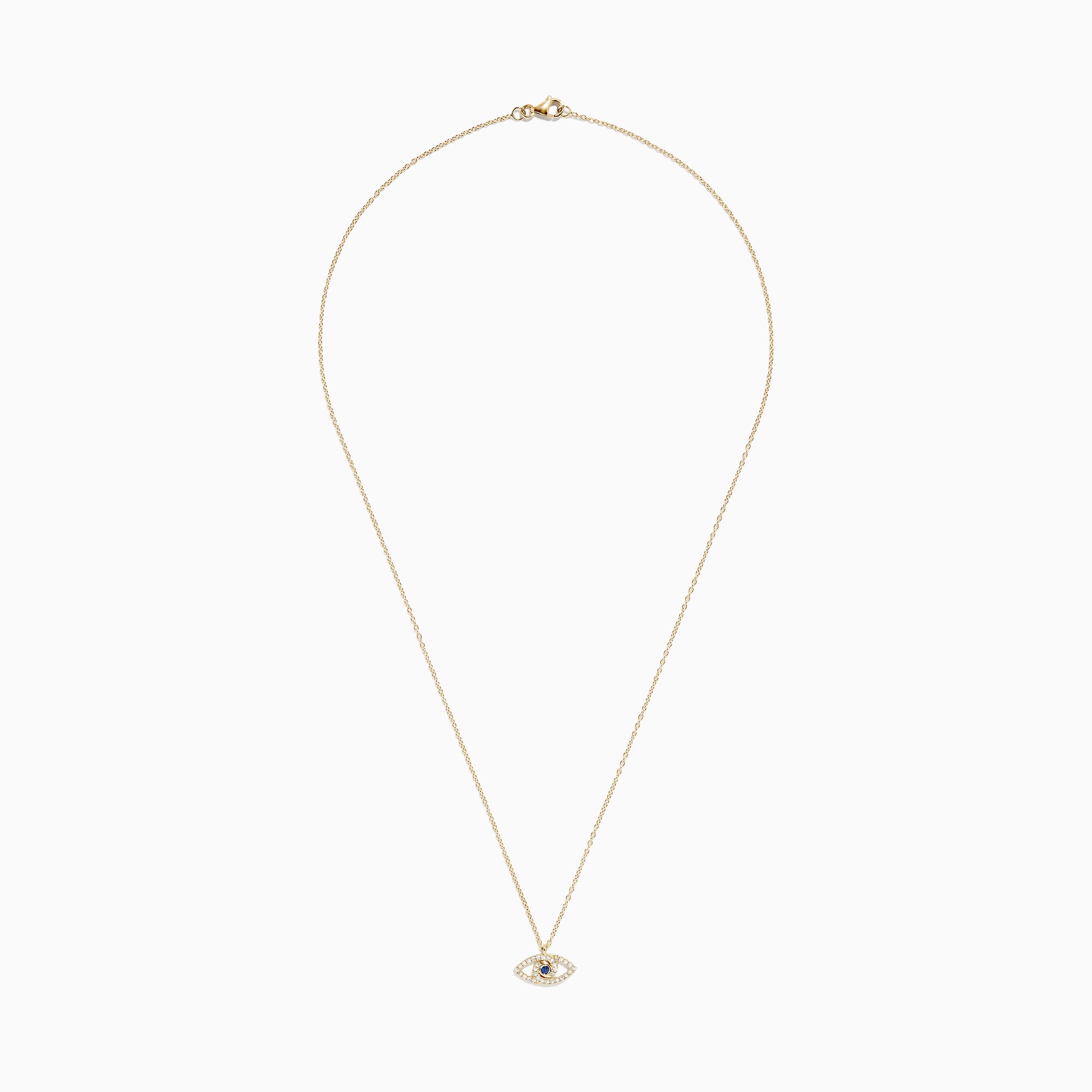 The Novelty 14K Yellow Gold Sapphire and Diamond Evil Eye Pendant features an eye-shaped design with sparkling stones and a central sapphire, resembling a classic talisman necklace.