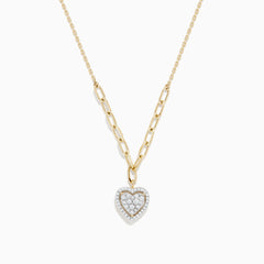 The Doro 14K Yellow Gold Diamond Heart Pendant Necklace features mixed-size chain links and a heart-shaped diamond pendant encrusted with sparkling diamonds, displayed on a white background.