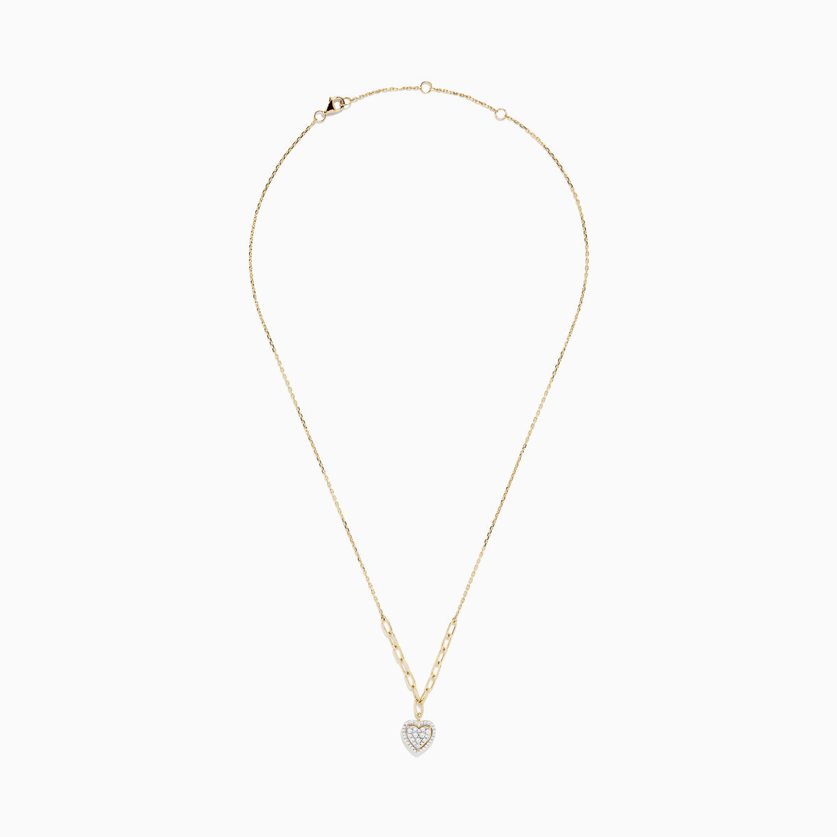 The Doro 14K Yellow Gold Diamond Heart Pendant Necklace features mixed-size chain links and a heart-shaped diamond pendant encrusted with sparkling diamonds, displayed on a white background.