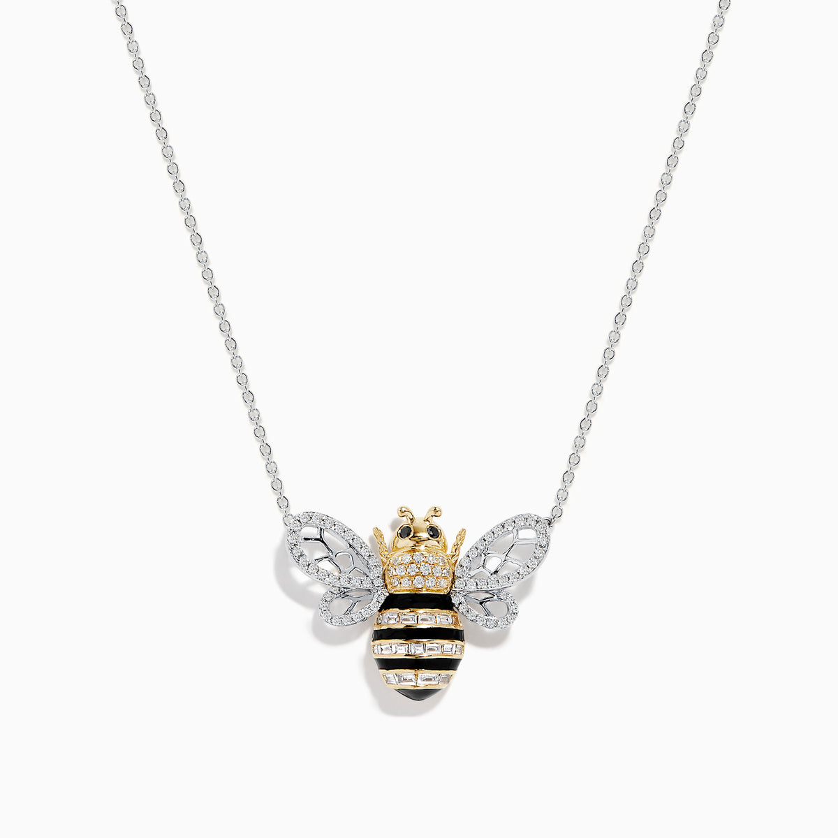 A captivating 14K White Gold White and Black Diamond Bee Necklace, showcasing a bee-shaped pendant adorned with sparkling white and black diamonds atop a delicate chain.